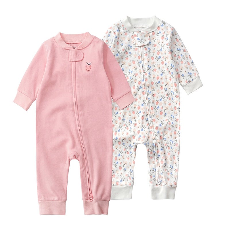 Teach Leanbh Baby 2-Pack 100% Cotton Romper Jumpsuits Two Way Zipper Long Sleeve Footless Sleep and Play (Pink Floral, 6-12 Months) - Image 1